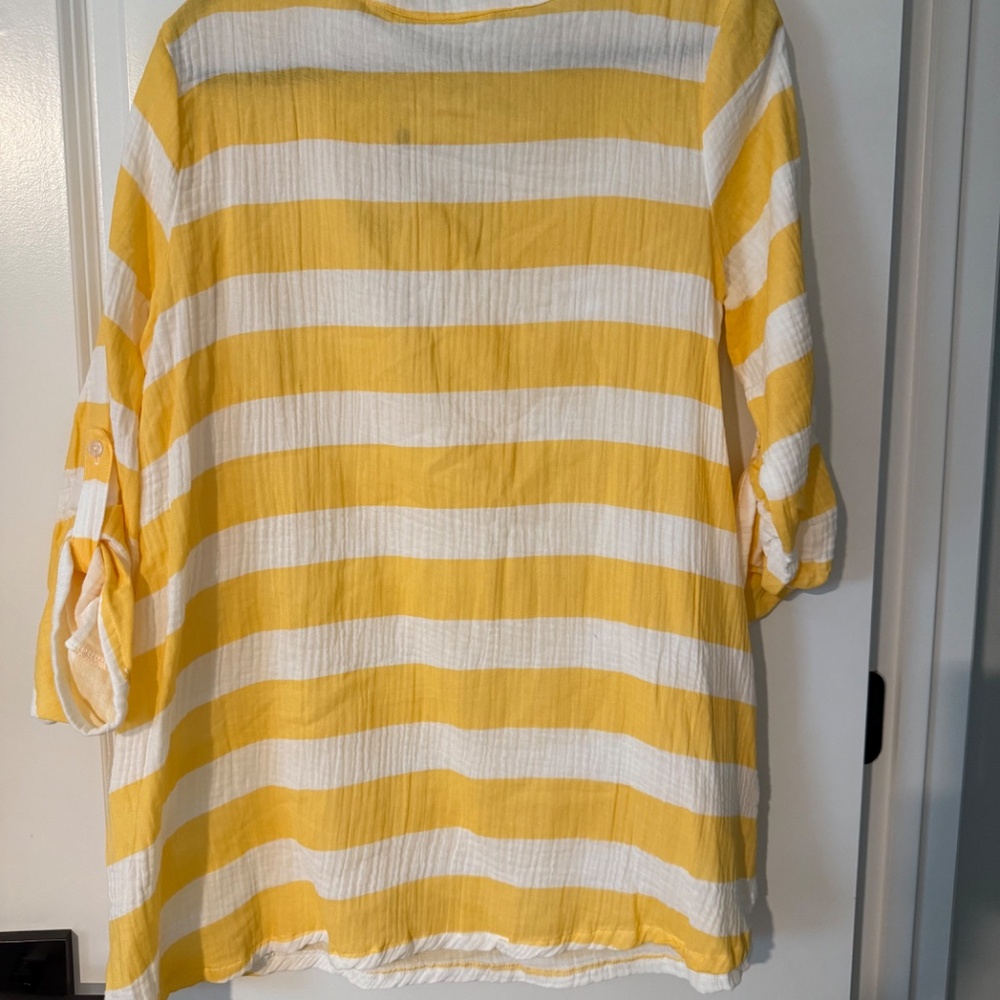 Kaktus Yellow & White Striped Roll Tab Sleeve Top Sz Med. - Picture 3 of 7
